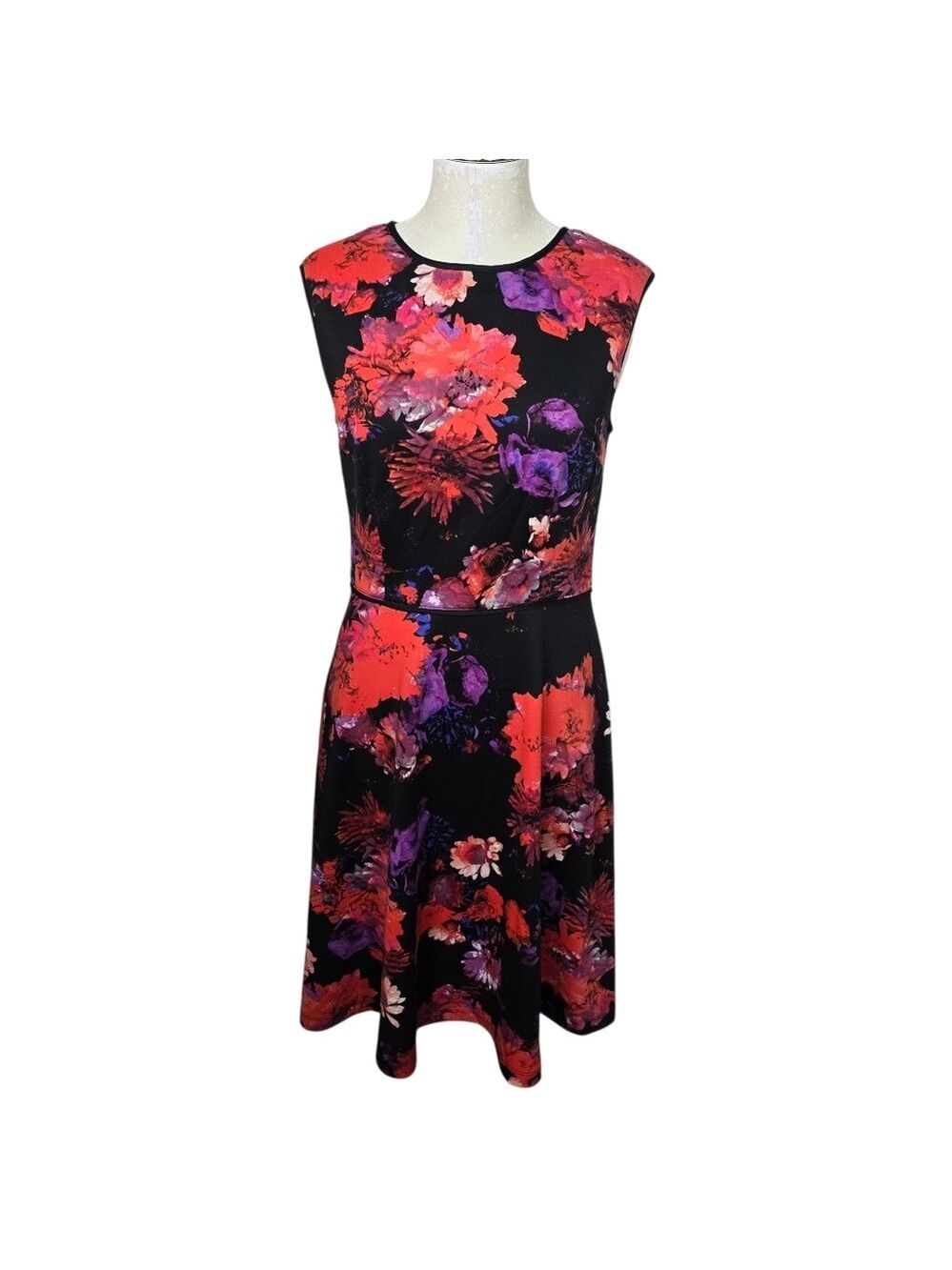 London Times Floral Black Red Purple Crewneck Sleeveless Back Zip Dress 6